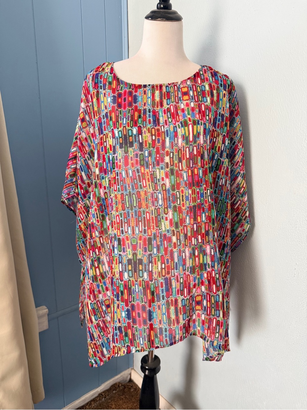 Ali Miles Multicolor Sheer Tunic Top Artsy Art to Wear Boho Beach Cover Up Sz XL